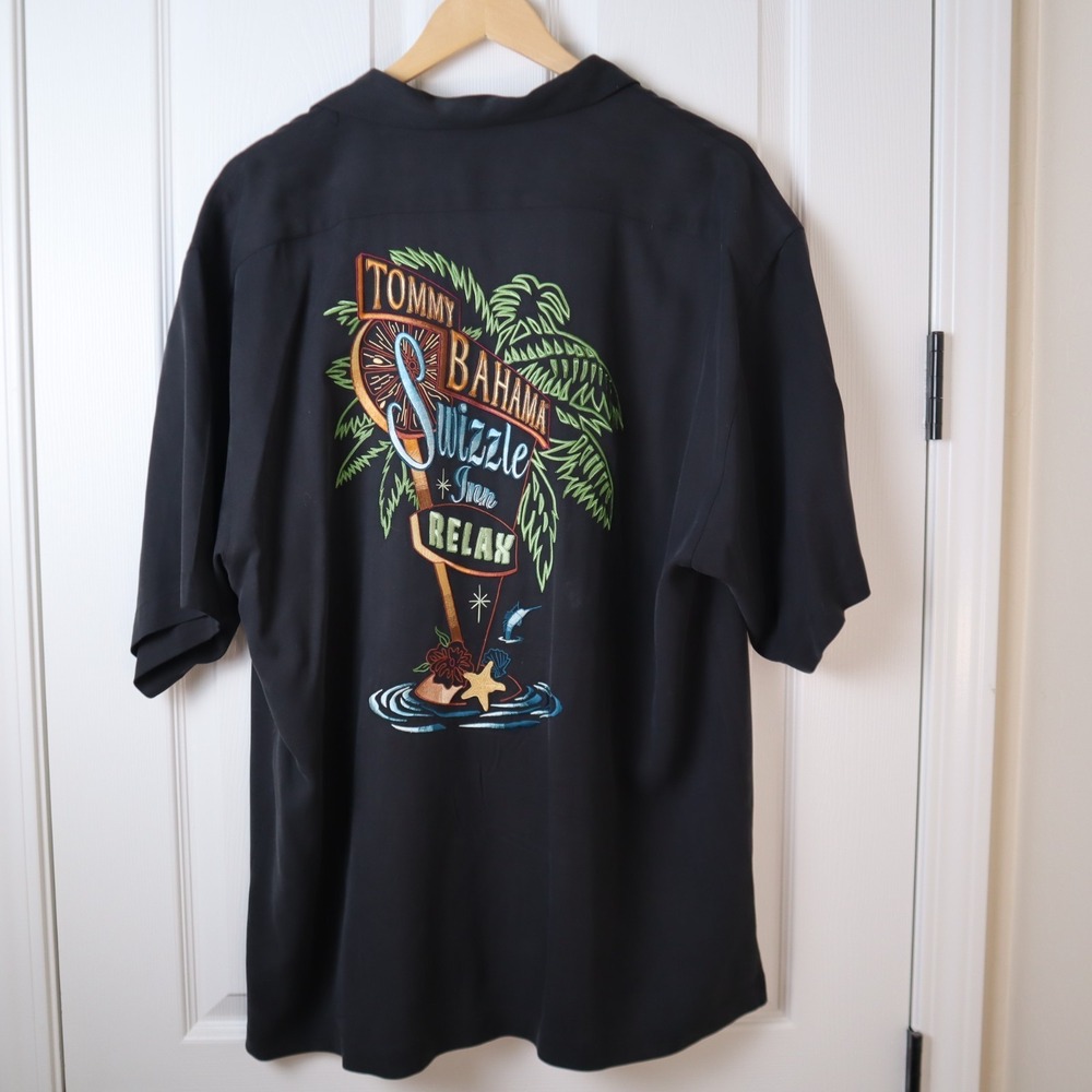 Tommy Bahama Hawaiian Camp Silk Shirt Men's L Black Swizzle Inn Embroidered